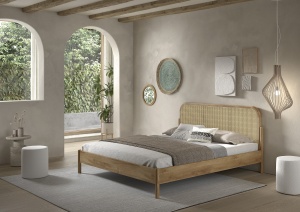Pat dublu OLIVE, 180 x 200 cm, cu tăblie rotunjită din rattan și aspect lemn de stejar, design modern, fără somieră inclusă, cu noptieră cu două rafturi deschise – Vipack - Img 6