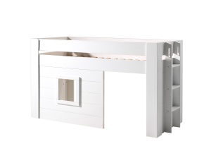 Pat median pentru copii NOAH, alb, 90 x 200 cm, MDF lăcuit, spațiu multifuncțional sub pat, scară și fereastră montabile pe stânga sau dreapta – Vipack - Img 4