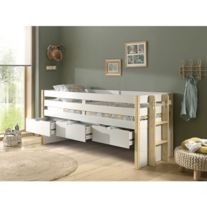 Pat pentru copii MARGRIT, 90 x 200 cm, alb cu tonuri naturale, cu 3 sertare pentru depozitare – Vipack - Img 3