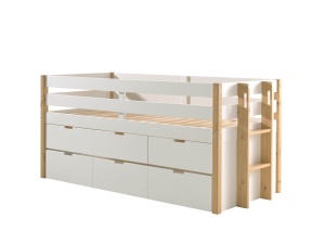 Pat pentru copii MARGRIT, 90 x 200 cm, alb cu tonuri naturale, cu 3 sertare și pat trundle pentru dormit sau depozitare – Vipack - Img 2