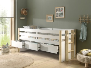 Pat pentru copii MARGRIT, 90 x 200 cm, alb cu tonuri naturale, cu 3 sertare și pat trundle pentru dormit sau depozitare – Vipack - Img 9