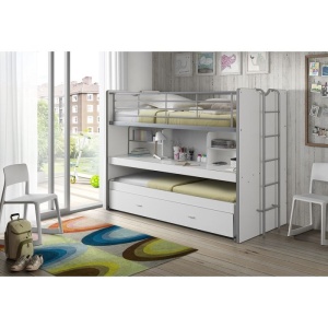 Pat Supraetajat cu Pat Suplimentar și Birou Extensibil, Alb, 90 x 200 cm (Metal și PAL) – Bonny – Vipack - Img 1