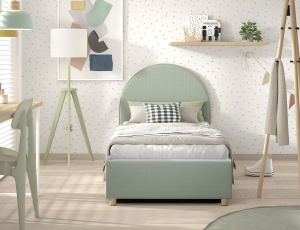 Pat tapițat pentru copii MOON, 90 x 200 cm, verde, cu țesătură bouclé și spațiu de depozitare – Vipack - Img 3
