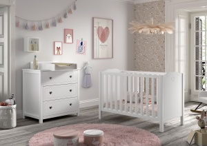 Set 2 Piese Mobilier Cameră Bebeluși AMORI, Alb (Pin Masiv și MDF), Design Romantic – Vipack - Img 1