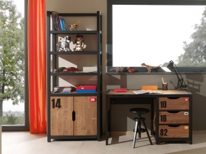 Set Birou și Bibliotecă Copii ALEX, Pin Masiv, Design Industrial – Vipack - Img 1