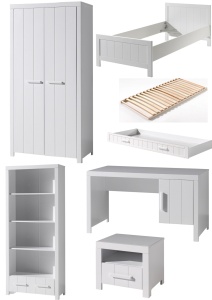 Set Complet Cameră Copii ERIK: Pat 90x200 cm, Dulap cu 2 Uși, Birou, Bibliotecă și Sertar, Alb – Vipack - Img 5