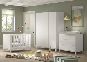 Set Complet Cameră Copii EVA: Pătuț 60x120 cm, Comodă cu 3 Sertare, Masă de Înfășat și Dulap 3 Uși, Alb – Vipack - Img 2