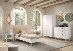 Set Complet Mobilier Camera Copii Forrest Beech, Pat 90x200 cm, Dulap cu 2 Uși, Noptieră și Comodă, din Lemn Masiv de Fag, Alb – Vipack - Img 1