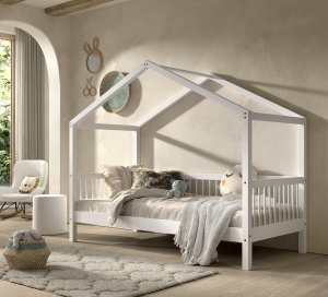 Set Complet: Pat Căsuță Forrest Beech pentru Camera Copii, 90x200 cm, cu Sertar Pat, Barieră de Siguranță Suplimentară și Set Textil, din Lemn Masiv de Fag, Alb – Vipack - Img 5
