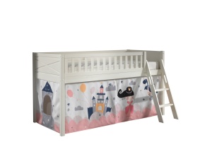 Set complet pat semi-supraetajat SCOTT pentru copii, alb, 90 x 200 cm, pin scandinav masiv, cu scară, 3 buzunare depozitare și perdea de joacă PRINCESS SOPHIE – Vipack - Img 2