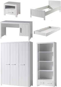 Set Mobilier Cameră Copii ERIK: Pat 90x200 cm, Dulap 3 Uși, Birou, Bibliotecă, Noptieră și Sertar, Alb – Vipack - Img 6