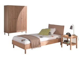 Set Mobilier Camera Copii Forrest Oak, Pat 90x200 cm cu Tăblie Textilă, Dulap cu 3 Uși și Noptieră, din Lemn de Stejar, Natur – Vipack - Img 5