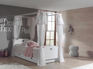 Set Pat cu Baldachin AMORI pentru Copii, 90x200 cm, Alb, cu Sertar și Set Textil Roz – Vipack - Img 1