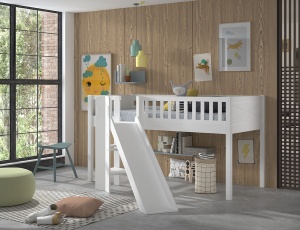 Set pat pentru copii SCOTT, alb, 90 x 200 cm, din pin scandinav și MDF, cu scară frontală, perdea de joacă BIRDY, tunel și buzunare de depozitare – Vipack - Img 10
