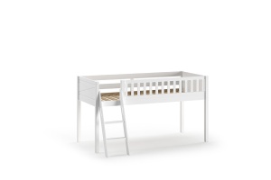 Set pat semi-supraetajat pentru copii SCOTT, alb, 90 x 200 cm, pin scandinav masiv, cu scară, birou glisant și comodă cu 3 sertare – Vipack - Img 4