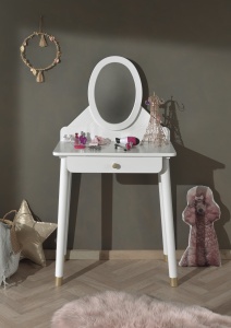 Set Pat Single, Noptieră și Masă de Toaletă pentru Copii, 3 Piese, 90x200 cm, Alb Satinat (Pin Masiv și MDF) – Billy – Vipack - Img 9