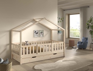 This DALLAS combination in natural consists of a house bed (90 x 200 cm) with bed drawer and safety rail. - Img 2