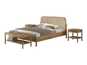 This OLIVE combination consists of a double bed (160 x 200 cm) with a rattan headboard, two bedside tables with drawer and a bench.