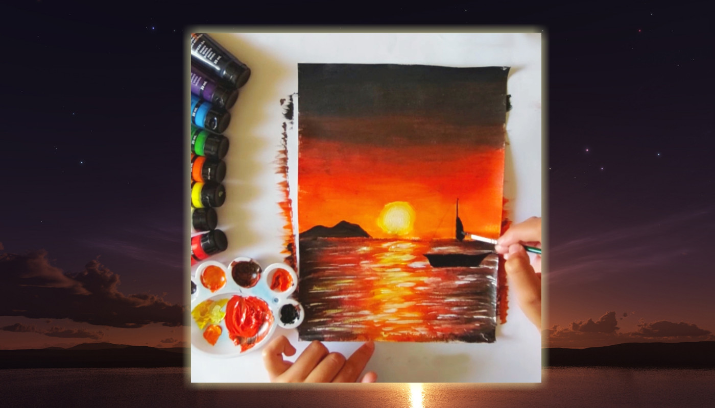 Pictură în culori acrilice pentru începători - Apus de soare pe mare