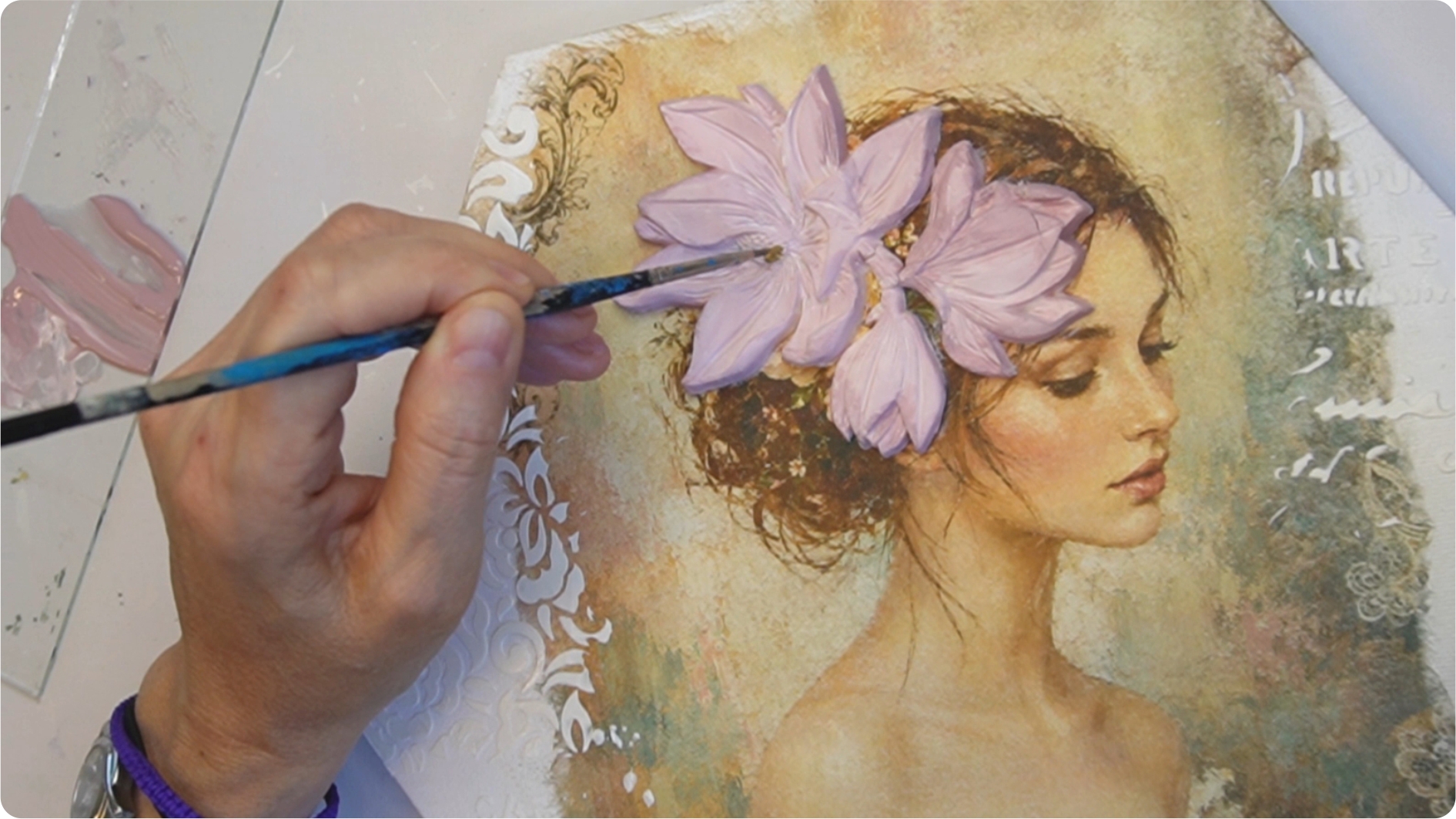 Tablou vintage pe pânză hexagonală cu hârtie de orez și efecte mixed media