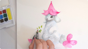 Pictură în acuarelă – Partea a 2-a: Iepuraș cu flori roz, realizat cu acuarelele Artix