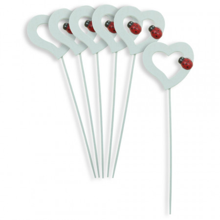 Inima lemn alba decupata 4x3,8cm cu buburuza si tija 9,5cm 6/set Canea HEB-7994_W