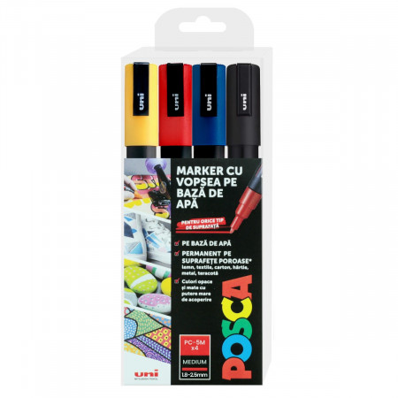 Marker vopsea pe baza de apa varf 1,8-2,5mm Uni Posca pc-5m M1506 4 culori/set