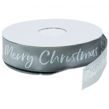 Panglica satinata argintie cu inscriptie Merry Christmas! alba 15mm x 9m/rola