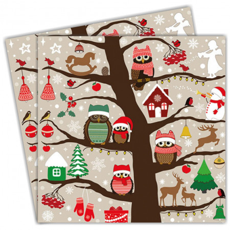 Servetel copac cu bufnite si decor Craciun 33x33cm 2/set 33315550