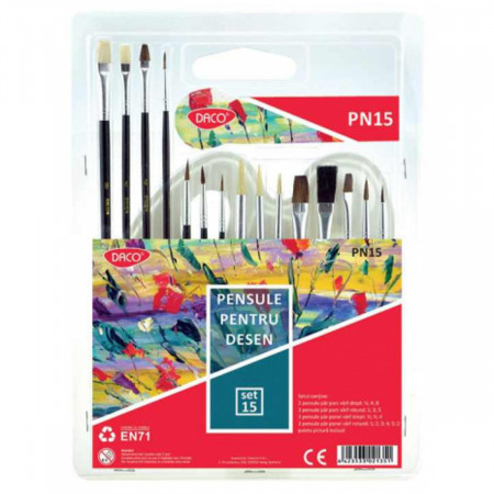 Pensula varf forme diferite cu paleta plastic 15/set asortat Daco PN15