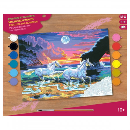 Pictura pe numere cu 12 culori acrilice si pensula - Cai in valuri 30x40cm Mammut 8240041