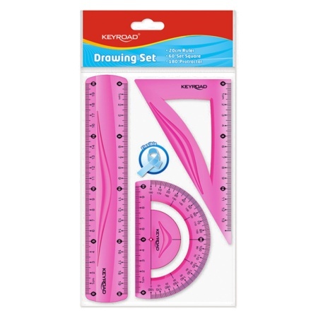 Trusa geometrie 3 piese fucsia-1 rigla de 20cm/1 echer/1 raportor Keyroad S1392