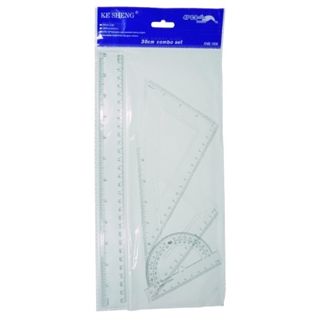 Trusa geometrie 4 piese transparent/albastru 1 rigla de 30cm/2 echere/1 raportor COMBO S41