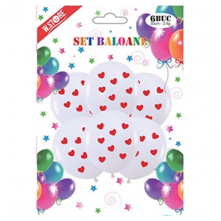Balon alb cu inimi rosii 30cm 6/set 058674
