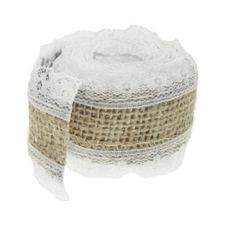 Banda iuta natur cu dantela alba pe margini model-2 4cm x 2m/rola
