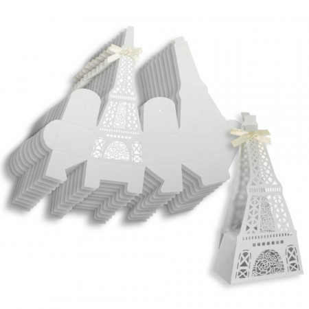 Cutie marturie filigran alba Turn Eiffel 7x4x14cm 12/set CD085