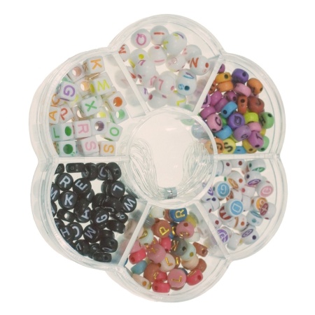 Margele plastic rotunde/cub/plate alfabet + fir elastic in cutie forma floare 10,2cm multicolor CNX