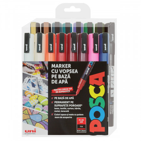 Marker vopsea pe baza de apa varf 0,9-1,3mm Uni Posca pc-3m M1482 16 culori/set