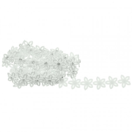 Banda decorativa floare plastic alba cu stras 1,5cm x 1m