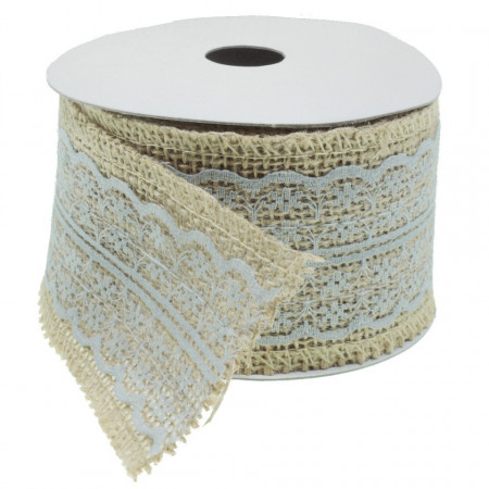 Banda iuta natur 6 cm cu dantela sintetica gri pe mijloc 4,5cm 4,3m/rola