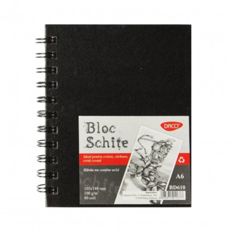 Bloc schite cu spira si coperta neagra A6 100g 80 file Daco BD610