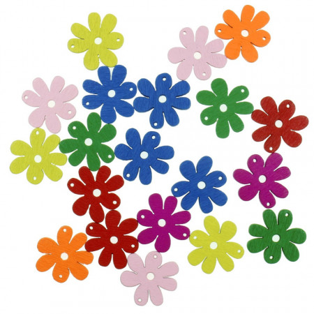 Floare lemn multicolor 7 petale 2,5cm cu 2 gauri pentru cusut pe textile 20/set