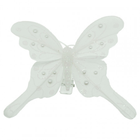 Fluture pene alb cu sclipici si perlute 9x6,5cm cu cleste