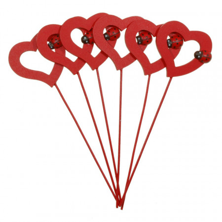 Inima lemn rosie decupata 4x3,8cm cu buburuza si tija 9,5cm 6/set Canea HEB-7994_R