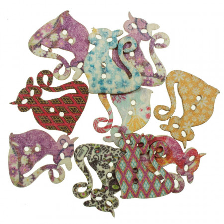 Nasture lemn multicolor pisica 2,5x2,9cm 10/set