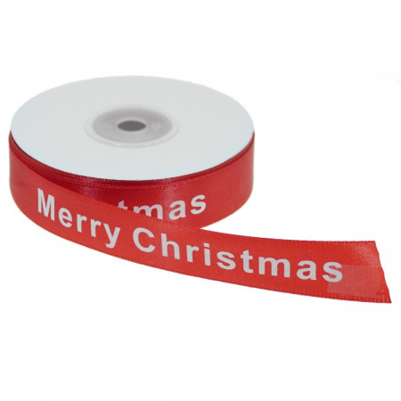 Panglica satinata rosie cu urare Merry Christmas! 20mmx21m/rola