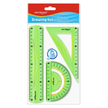 Trusa geometrie 3 piese verde-1 rigla de 20cm/1 echer/1 raportor Keyroad S1392