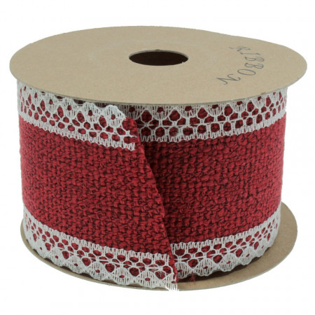 Banda iuta rosu inchis cu dantela alba pe margine 6cm x 4,5m/rola