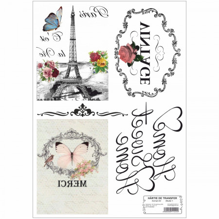 Hartie de transfer model-1 Turnul Eiffel, flori, fluturi si mesaje A4