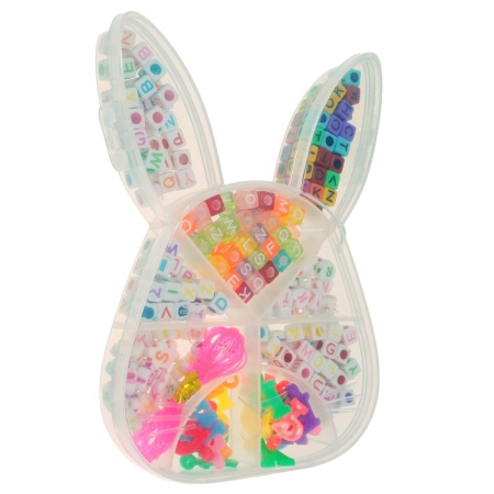 Margele plastic inima/cub/floare alfabet + fir elastic roz in cutie forma iepure 9,5x13,5cm multicolor CNX